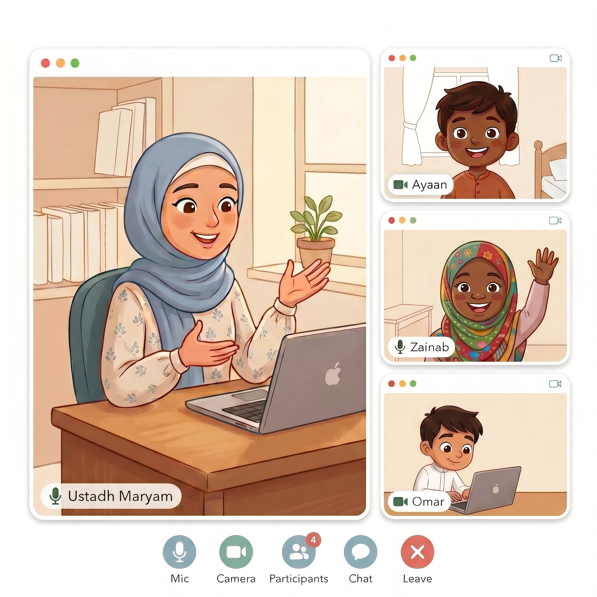Illustration of a live online madrasah lesson — a female teacher in hijab on a video call with three young Muslim students