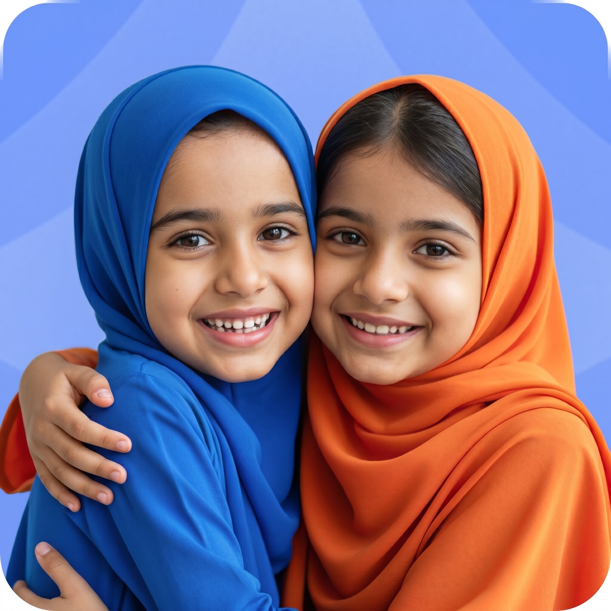 Two girls in hijabs smiling and hugging each other