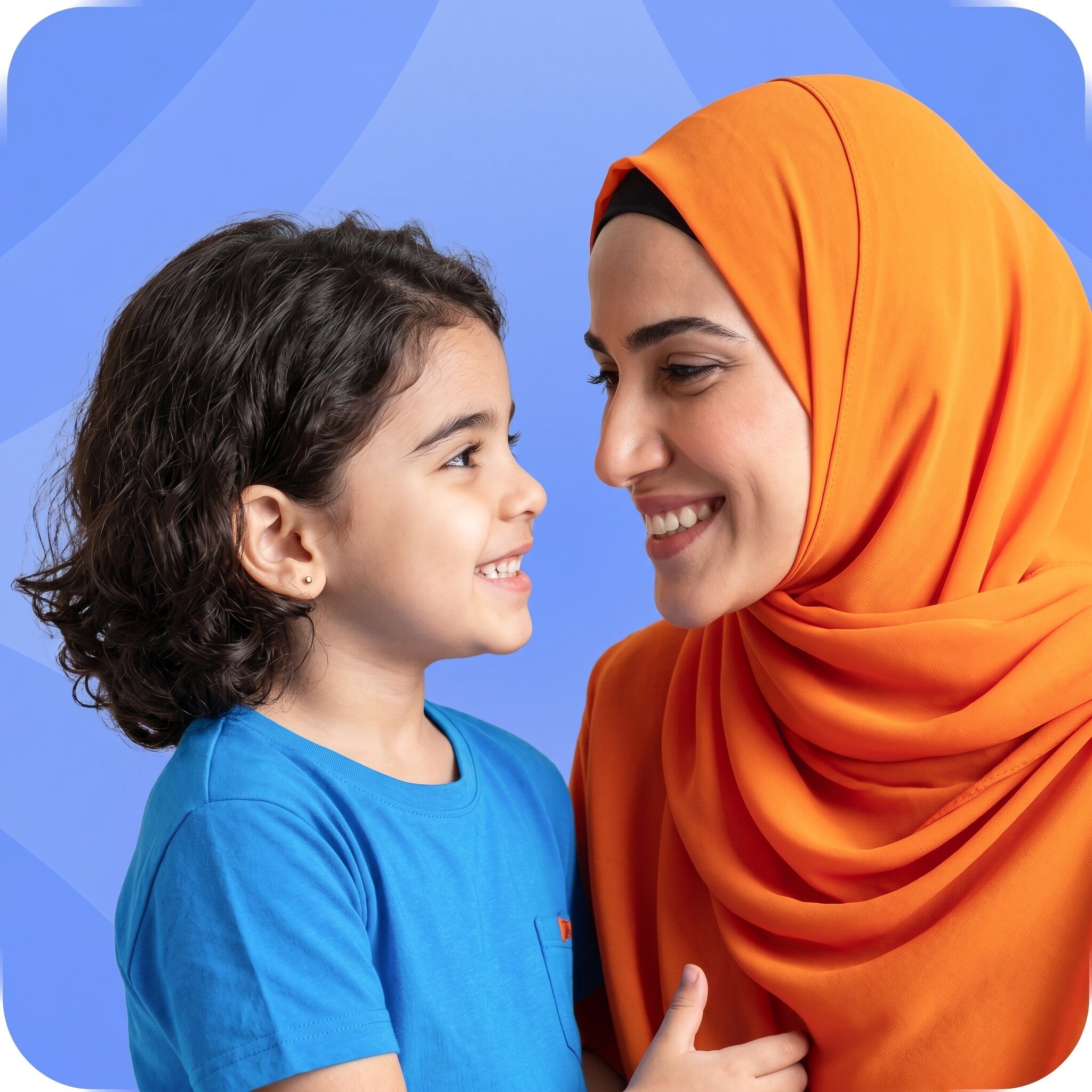 A mother in an orange hijab smiling with her young daughter