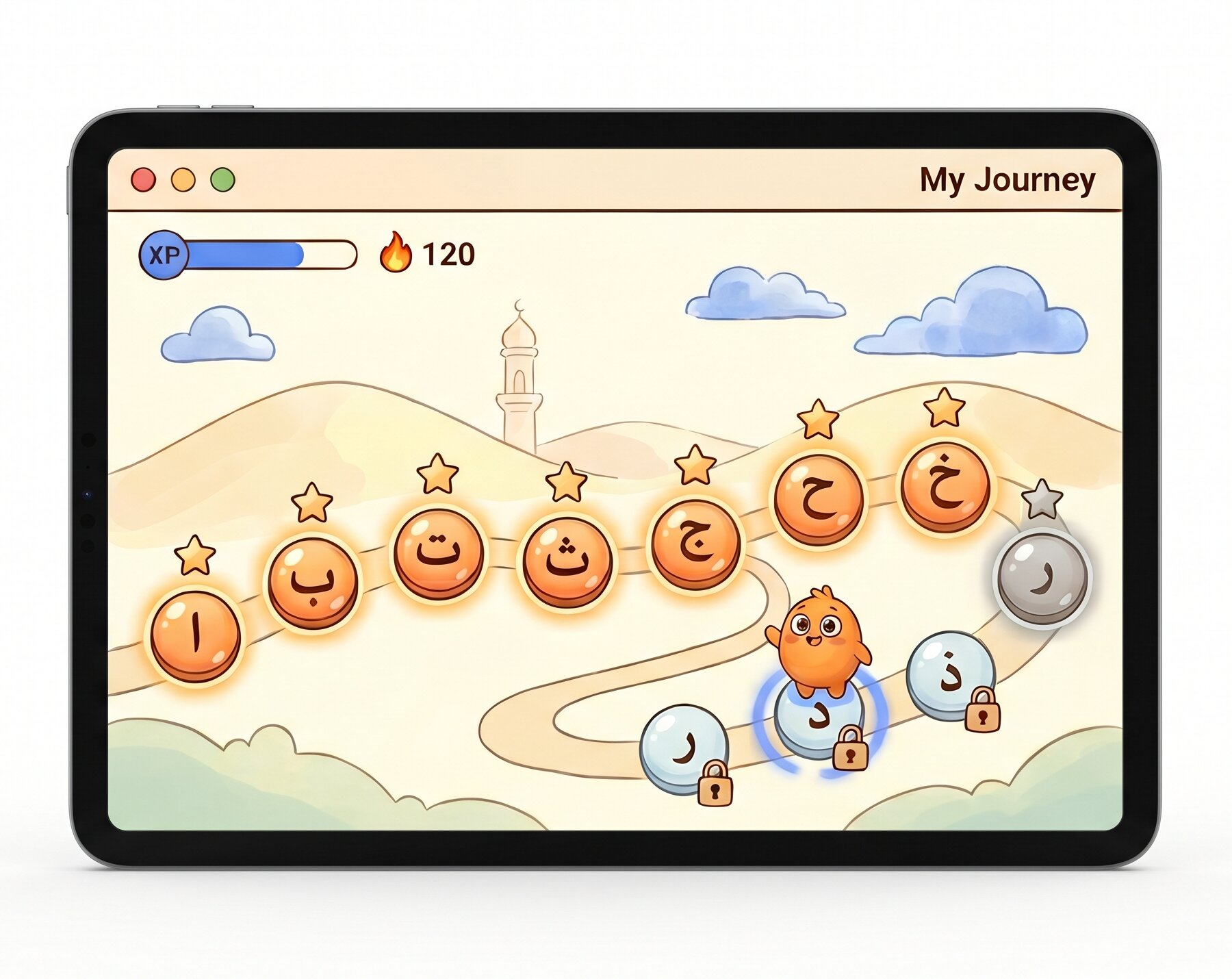 A gamified Arabic-alphabet learning screen — lessons laid out as a path of game tokens, with an XP bar and a streak counter