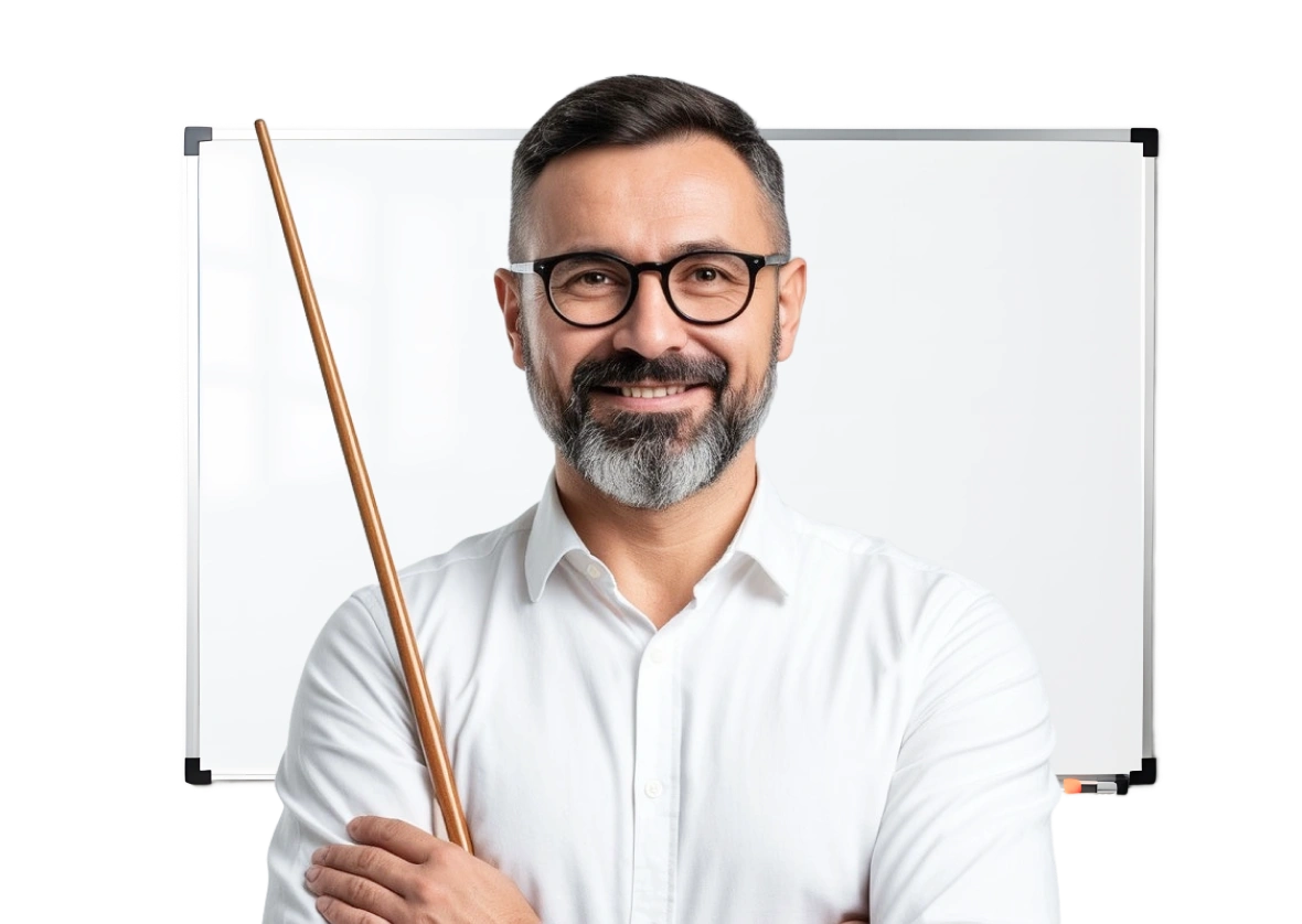 A friendly male teacher in a white shirt holding a wooden pointer, smiling in front of a whiteboard